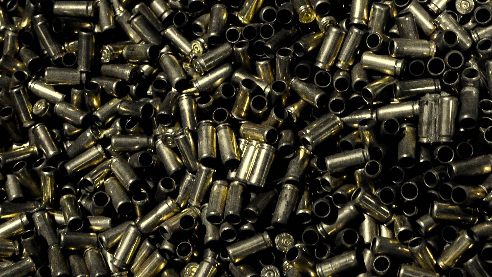 Close-up of empty brass cases with a metallic sheen